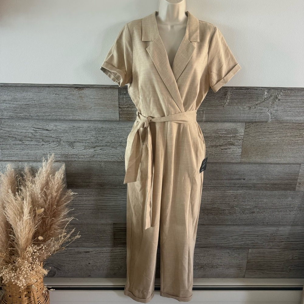 Lulus Sensible Sensation Beige Tie-Front Short Sleeve Jumpsuit Size Medium NWT